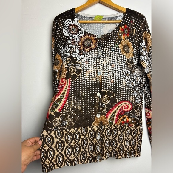 Prima Bella VTG Y2K SZ M Artsy Long Sleeve sequins Fall Paisley Cardigan Sweater - Picture 6 of 14